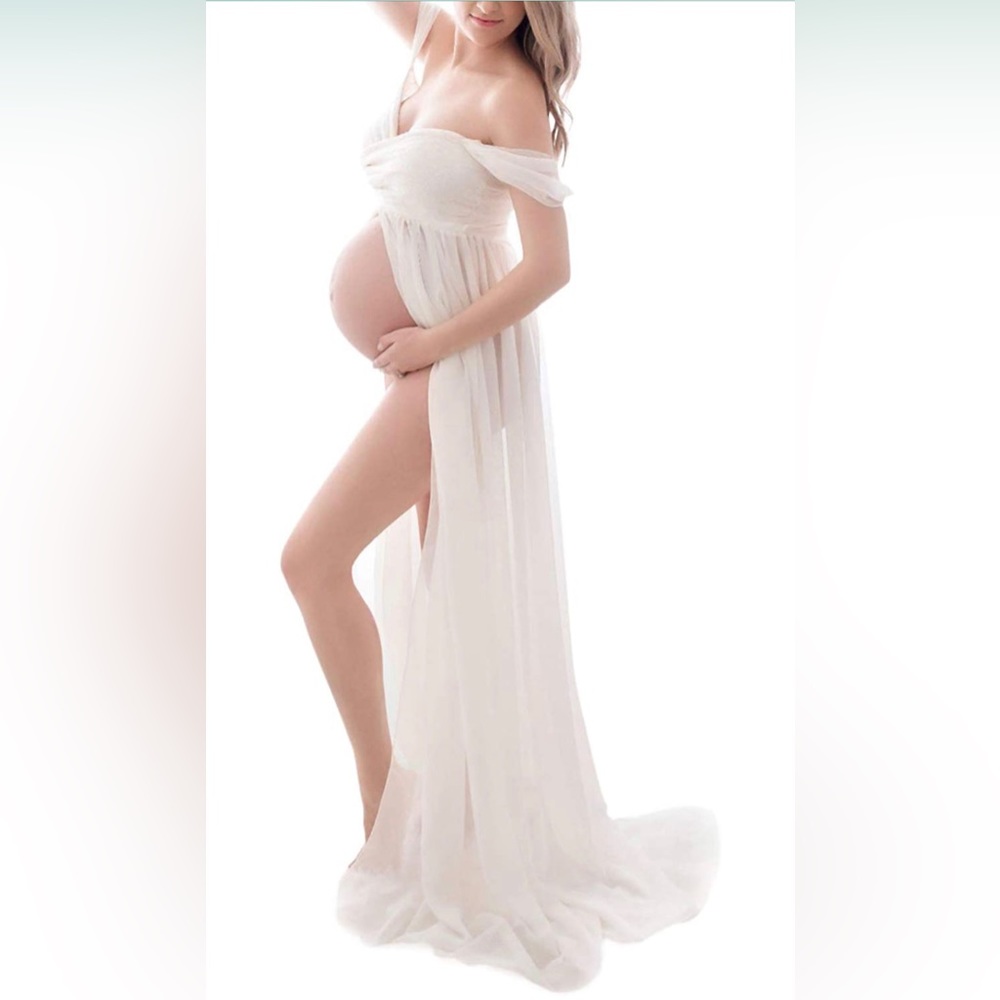 Chiffon and Lace off-Shoulder White Maternity Photoshoot Dress